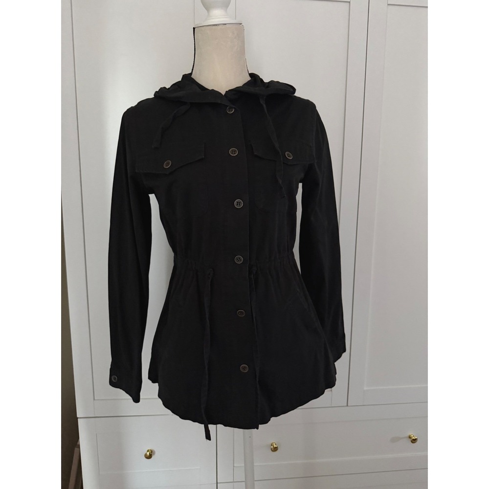Black Utility Field Jacket Hooded Cinched Waist Button Zip Front‎ Lightweight